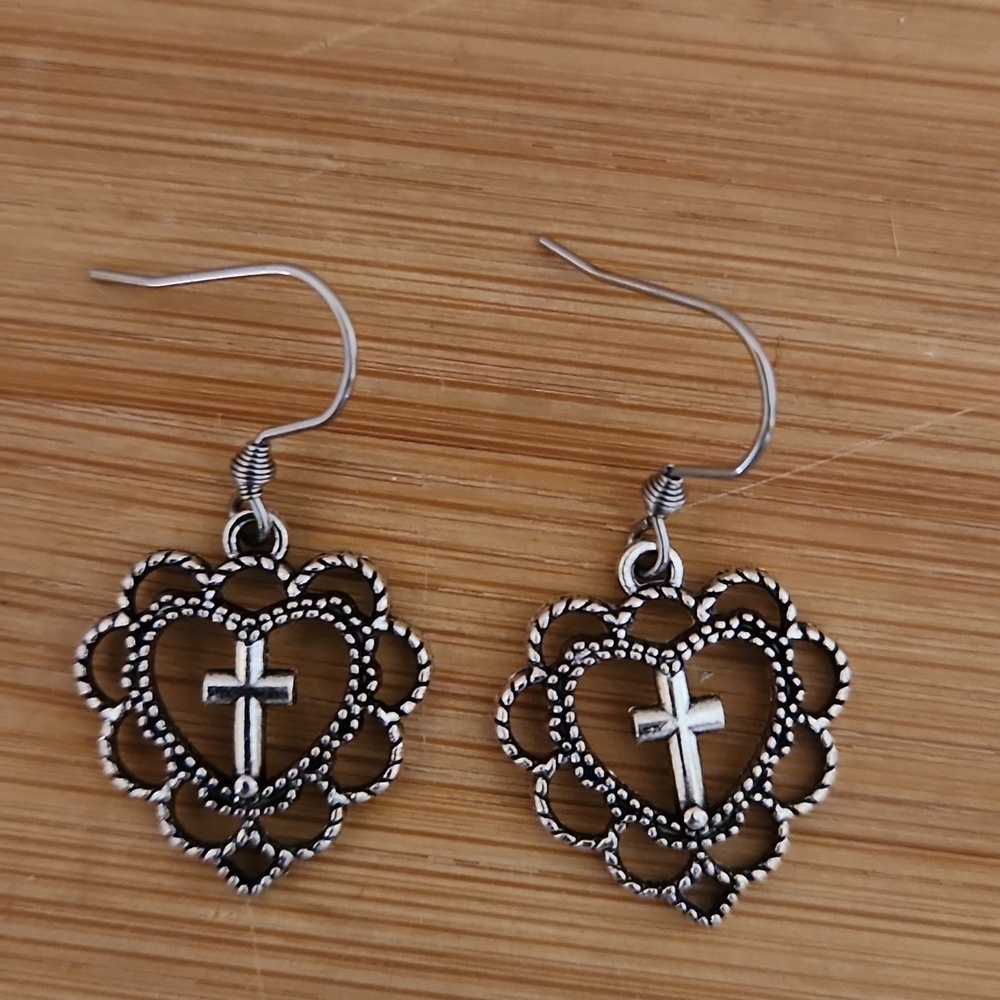 Hand Crafted Pierced Earrings Cross in Filigree Heart Antique Silver